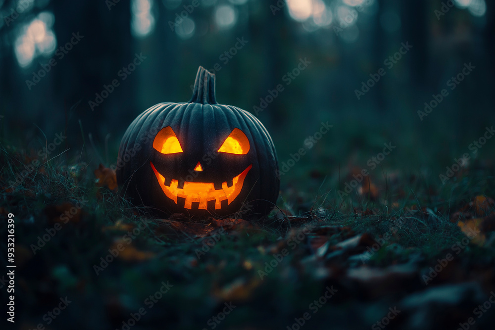 Halloween pumpkin with a glowing face on the grass in a dark forest at night Halloween pumpkin with a glowing face on the grass in a dark forest at night