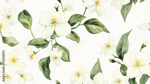 A beautiful floral pattern featuring delicate white flowers and green leaves, perfect for backgrounds and design projects.