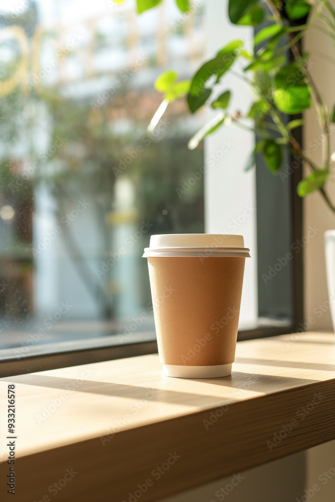 Mockup empty brown paper coffee cup on minimalist cafe shelf Mockup empty brown paper coffee cup on minimalist cafe shelf