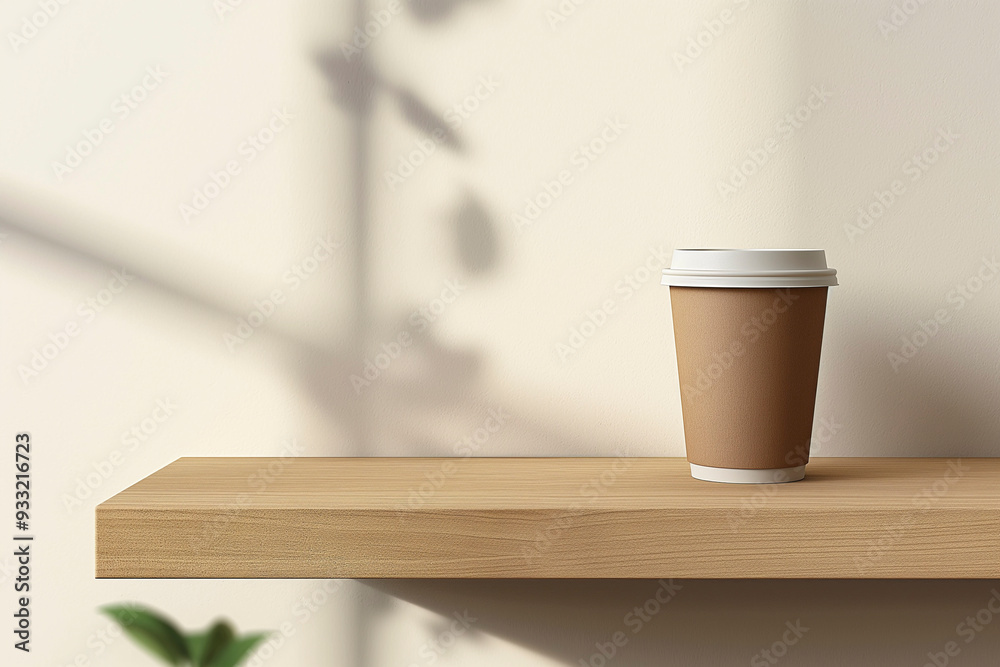 Mockup empty brown paper coffee cup on minimalist cafe shelf Mockup empty brown paper coffee cup on minimalist cafe shelf