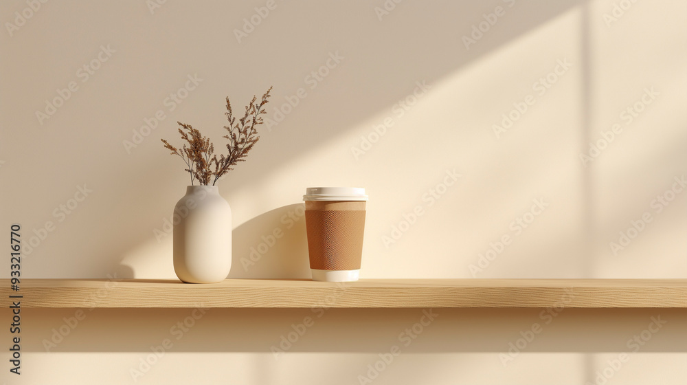 Fototapeta premium Mockup empty brown paper coffee cup on minimalist cafe shelf