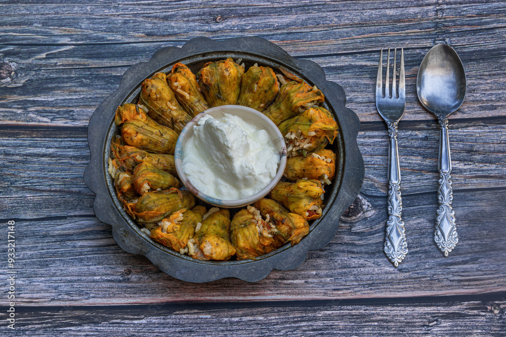 Traditional delicious Turkish - Greek cuisine, Turkish food; Stuffed zucchini flowers (Turkish name; kabak cicegi dolmasi)