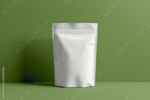 Mock up white standing pouch. Green wall background photo