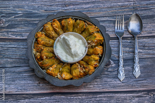 Obraz na płótnie Traditional delicious Turkish - Greek cuisine, Turkish food; Stuffed zucchini flowers (Turkish name; kabak cicegi dolmasi) w salonie