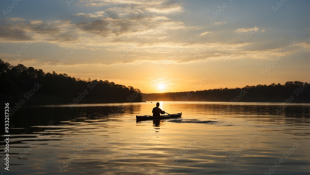 Silhouette of a man paddling a kayak on a tranquil river Silhouette of a man paddling a kayak on a tranquil river