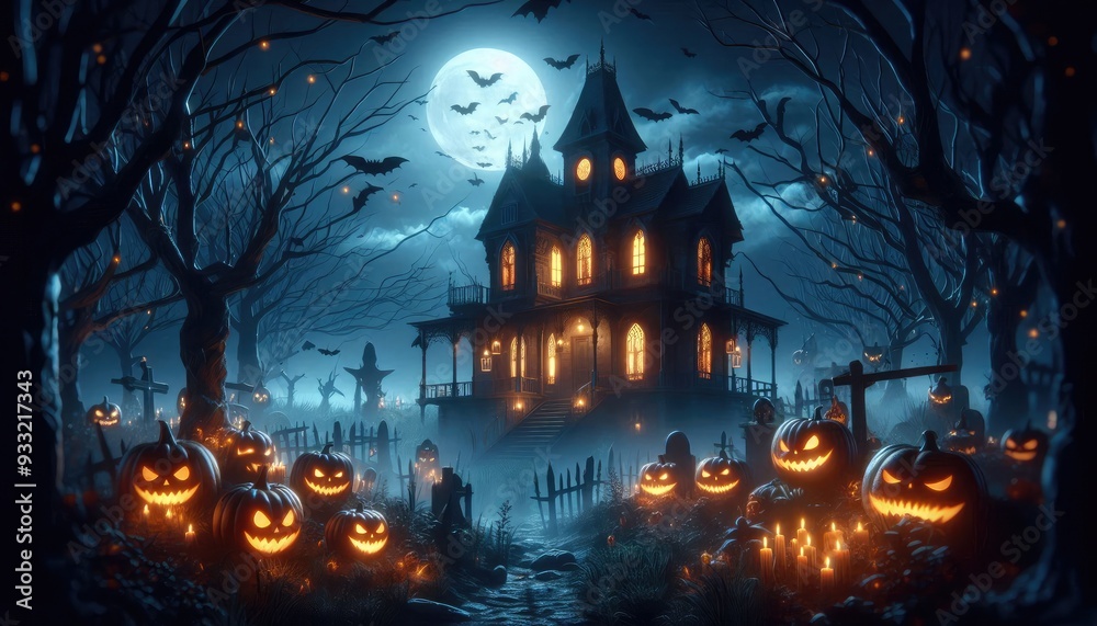 Halloween night 3D render featuring a sinister haunted house with eerie glowing windows, evil pumpkins with menacing faces, and a misty, dark forest, creating a spooky banner background Halloween night 3D render featuring a sinister haunted house with eerie glowing windows, evil pumpkins with menacing faces, and a misty, dark forest, creating a spooky banner background
