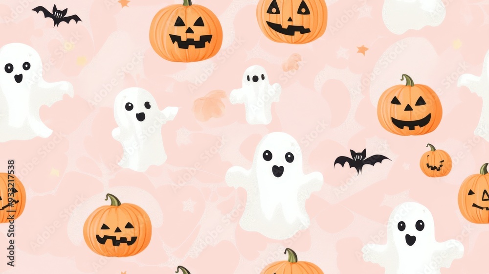 Whimsical Halloween pattern featuring playful ghosts, cheerful pumpkins, and bats on a soft pink background. Whimsical Halloween pattern featuring playful ghosts, cheerful pumpkins, and bats on a soft pink background.