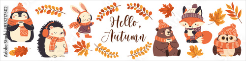 Cute set of vector illustrations in children's style. Autumn animals fox fox penguin hare bear owl and hedgehog in warm scarves and hats, wearing headphones, drinking tea. Autumn leaves, lettering