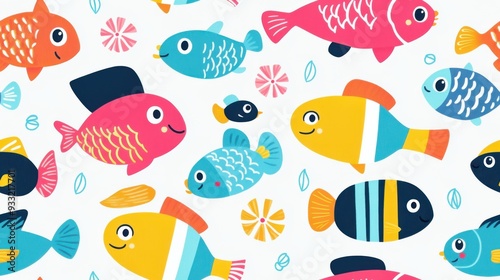 Colorful, playful illustration of various fish in a vibrant underwater scene, perfect for children's projects and decor.