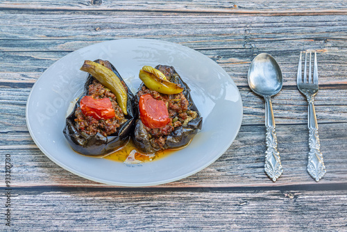 Traditional delicious Turkish food; Meat and Eggplant dish, (Turkish name; Karniyarik)