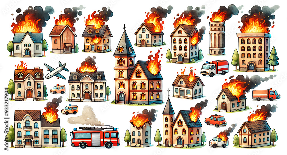 Buildings on fire