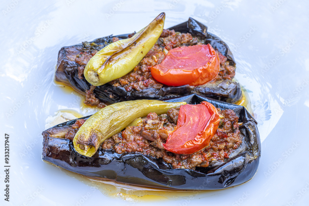 Traditional delicious Turkish food; Meat and Eggplant dish, (Turkish name; Karniyarik)