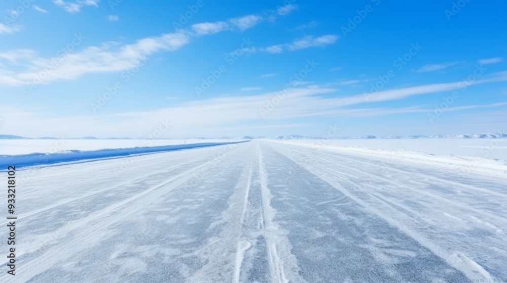 Snow covered icy road stretching into the distance under the winter season s charm Snow covered icy road stretching into the distance under the winter season s charm