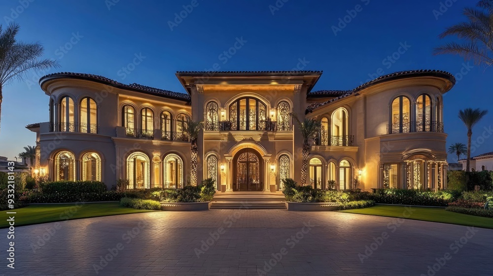 Fototapeta premium A beautiful, luxurious, large home with a long driveway, a manicured lawn, and palm trees at dusk.