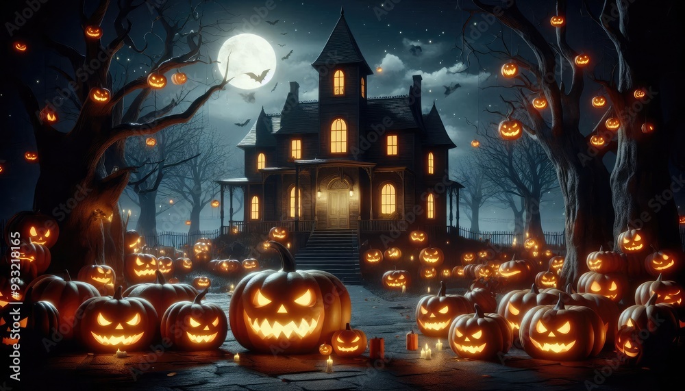Halloween night 3D render featuring a sinister haunted house with eerie glowing windows, evil pumpkins with menacing faces, and a misty, dark forest, creating a spooky banner background Halloween night 3D render featuring a sinister haunted house with eerie glowing windows, evil pumpkins with menacing faces, and a misty, dark forest, creating a spooky banner background