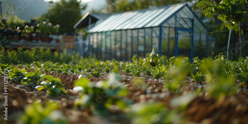 small organic farmers garden, with vegetables plants growing and glasshouse