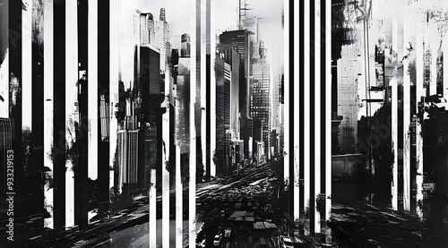 Abstract Black and White Cityscape with Vertical Stripes photo