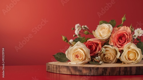  A close-up view of an intricate floral pattern featuring roses, lilies, and daisies arranged in a harmonious composition.  photo