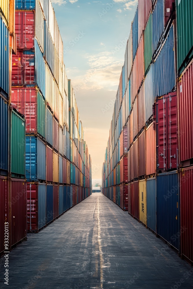 Fototapeta premium Colorful Stacked Shipping Containers in a Row at a Port with a Clear Sky in the Background