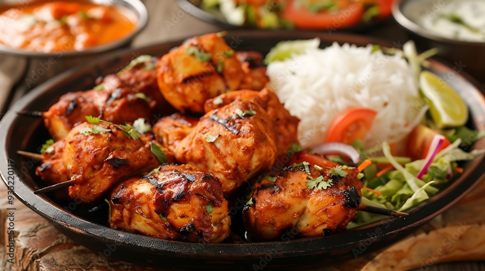 Delicious chicken tikka served in a comfortable eating area with rice and salad Delicious chicken tikka served in a comfortable eating area with rice and salad