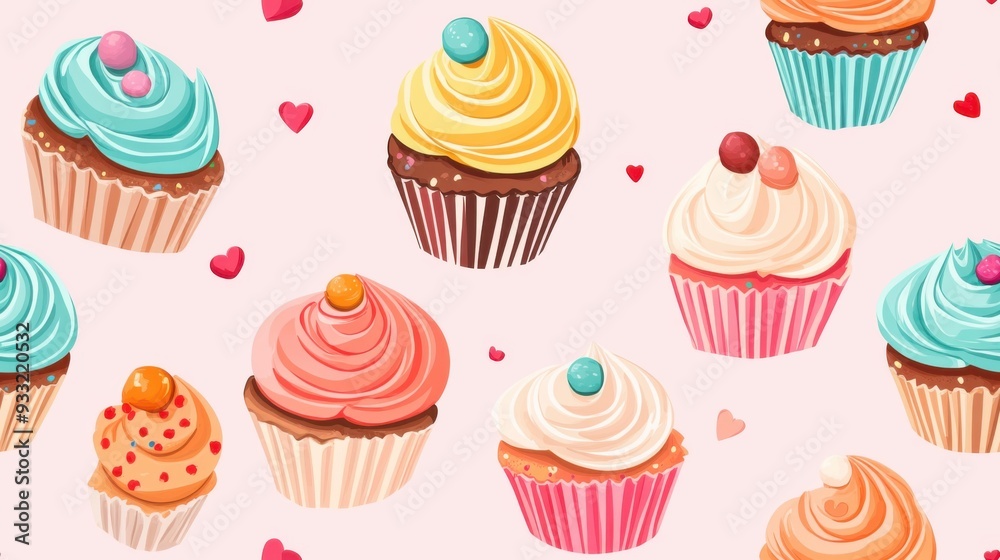 Colorful cupcakes with frosting and sprinkles on a light pink background, perfect for sweet treat themes and dessert designs. Colorful cupcakes with frosting and sprinkles on a light pink background, perfect for sweet treat themes and dessert designs.