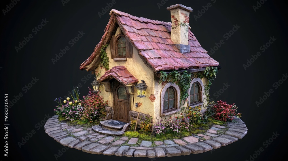 Fototapeta premium A charming cottage with a red tiled roof, stone pathway, and lush greenery.