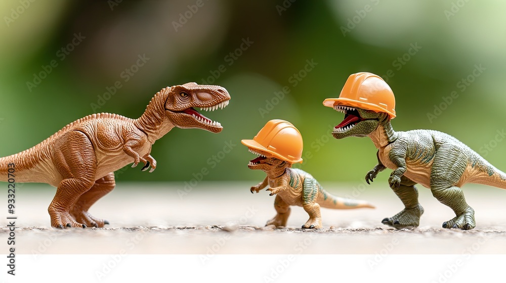 Tiny dinosaurs in hard hats at a construction site under natural light enjoying a playful moment on the ground