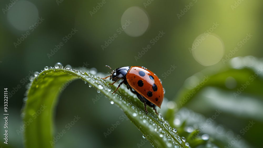 Ladybug on Dewy Green Foliage with Sunlit Bokeh Background Ladybug on Dewy Green Foliage with Sunlit Bokeh Background