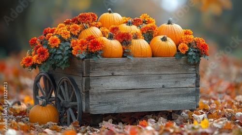 Rustic wooden cart filled with pumpkins and autumn flowers in a colorful fall landscape