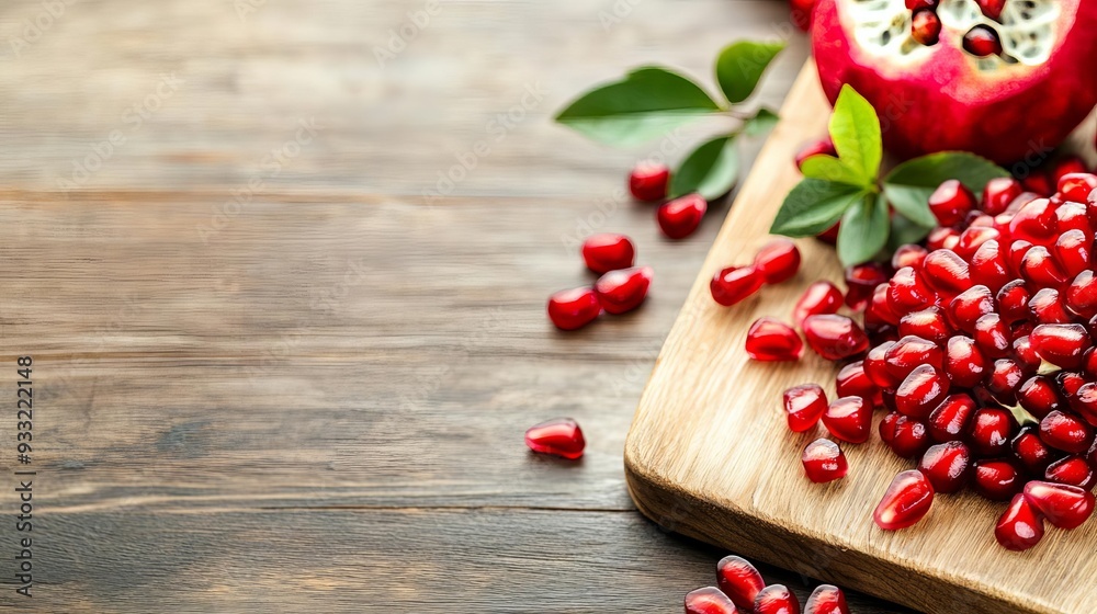 Vibrant red pomegranate seeds scattered on a rustic wooden board, pomegranate superfood, natural vitamin C source Vibrant red pomegranate seeds scattered on a rustic wooden board, pomegranate superfood, natural vitamin C source