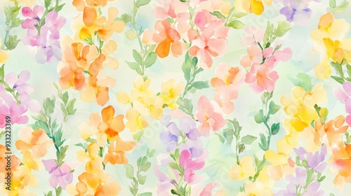 A vibrant watercolor floral pattern featuring soft hues of pink, orange, and yellow, perfect for spring-themed designs.