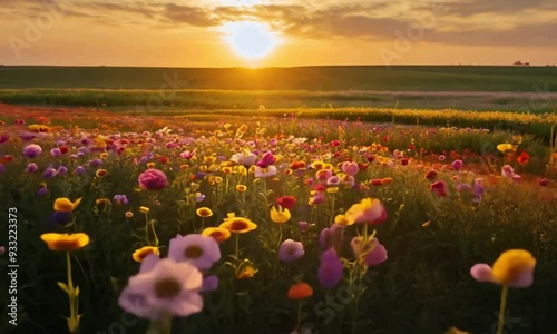view of landscape of colorful wild flower field moving in the wind, twilight sky with a cloud, 4K