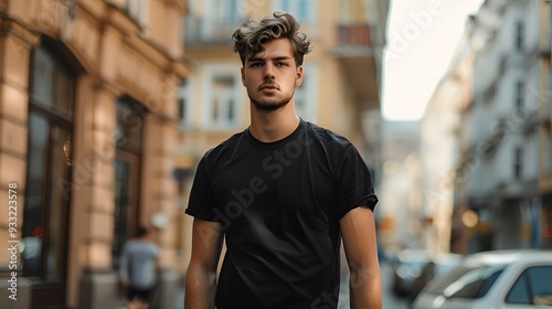 Young Model Shirt Mockup, Boy wearing black t-shirt on street in daylight, Shirt Mockup Template on hipster adult for design print, Male guy wearing casual t-shirt mockup placement.