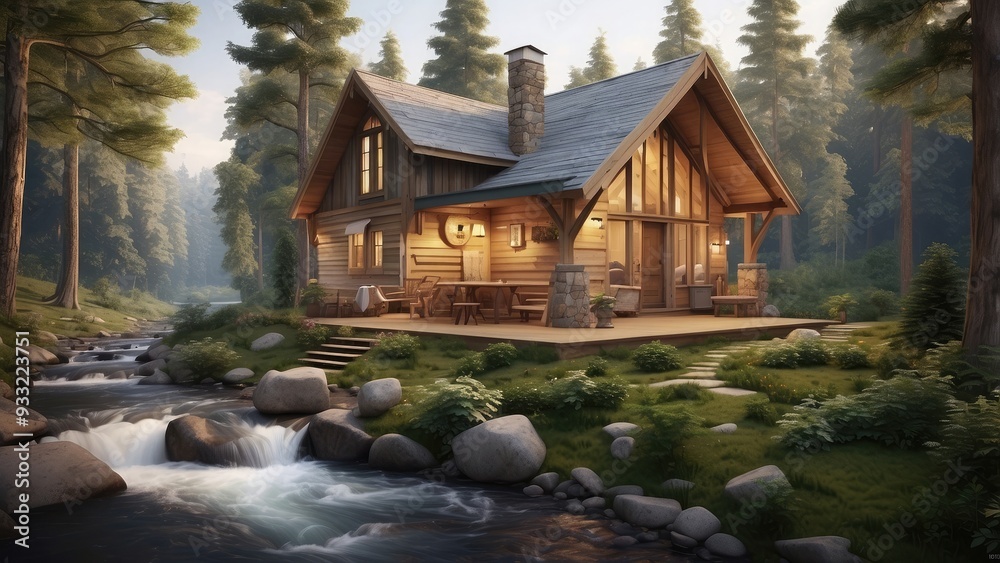 A small, cozy cabin nestled deep in the forest, surrounded by towering trees, with a gentle stream flowing nearby, creating a serene and peaceful retrea A small, cozy cabin nestled deep in the forest, surrounded by towering trees, with a gentle stream flowing nearby, creating a serene and peaceful retrea