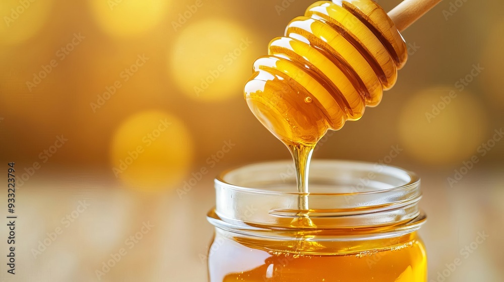 Golden honey dripping from a honey dipper into a glass jar, raw honey superfood, natural immune booster Golden honey dripping from a honey dipper into a glass jar, raw honey superfood, natural immune booster