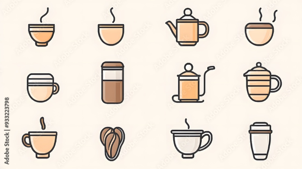 Minimalistic vector icons set featuring coffee and tea in pastel colors, including coffee cups, milk froth, cappuccino, latte, French press, coffee bean, and pot Minimalistic vector icons set featuring coffee and tea in pastel colors, including coffee cups, milk froth, cappuccino, latte, French press, coffee bean, and pot
