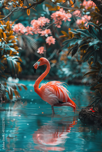 Flamingos in the water, a beautiful elegant bird on a colorful bright tropical background.