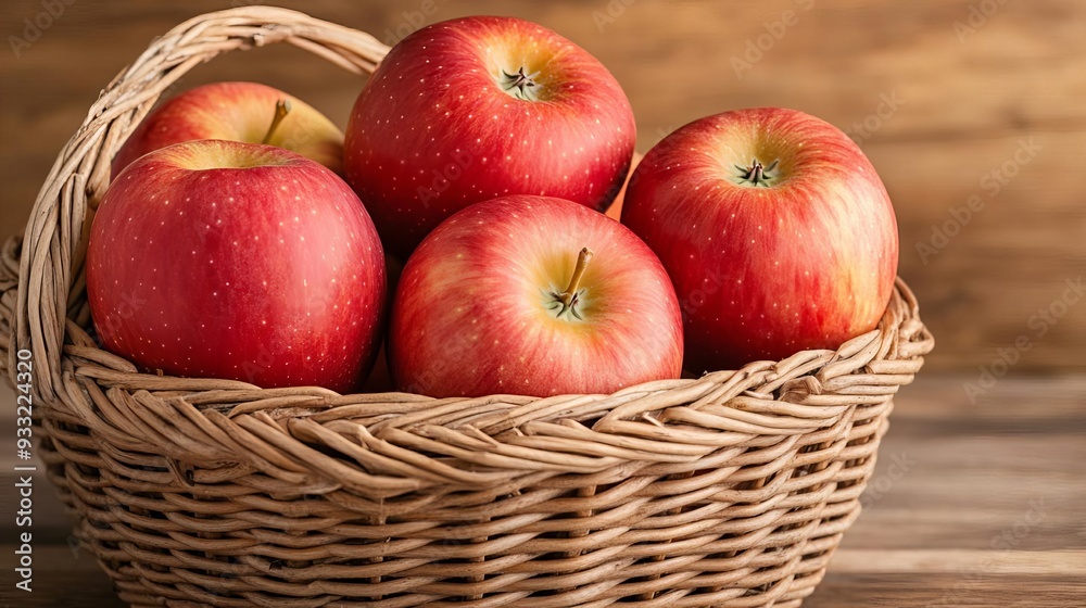 Freshly picked organic apples in a wicker basket with a rustic background, apple superfood, natural autumn harvest Freshly picked organic apples in a wicker basket with a rustic background, apple superfood, natural autumn harvest