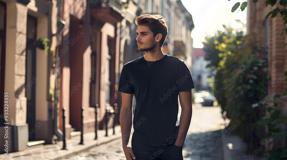Young Model Shirt Mockup, Boy wearing black t-shirt on street in daylight, Shirt Mockup Template on hipster adult for design print, Male guy wearing casual t-shirt mockup placement. Young Model Shirt Mockup, Boy wearing black t-shirt on street in daylight, Shirt Mockup Template on hipster adult for design print, Male guy wearing casual t-shirt mockup placement.
