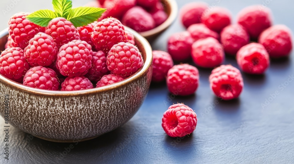 Freshly picked organic raspberries in a ceramic bowl, raspberry superfood, natural antioxidant and fiber source Freshly picked organic raspberries in a ceramic bowl, raspberry superfood, natural antioxidant and fiber source