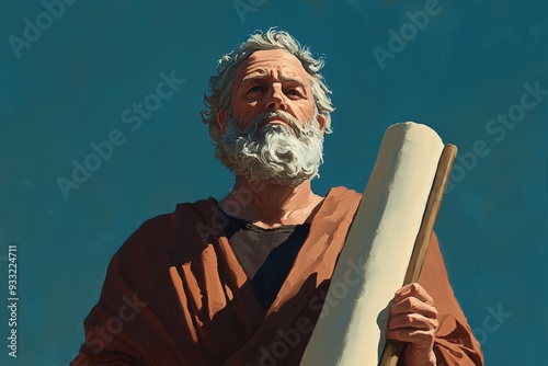 Illustrate a figure in a position of power, holding a scroll of laws, with a determined look on their face.