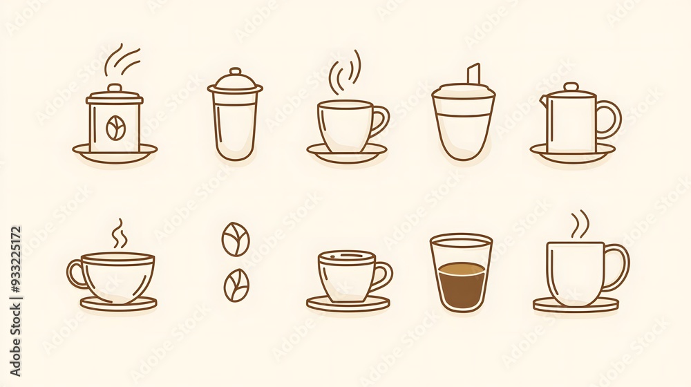 Minimalistic vector icons set featuring coffee and tea in pastel colors, including coffee cups, milk froth, cappuccino, latte, French press, coffee bean, and pot Minimalistic vector icons set featuring coffee and tea in pastel colors, including coffee cups, milk froth, cappuccino, latte, French press, coffee bean, and pot