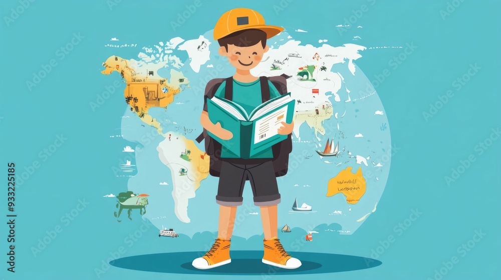 of a person using a phrasebook while traveling depicting the concept of language learning and cross cultural communication in a flat design style of a person using a phrasebook while traveling depicting the concept of language learning and cross cultural communication in a flat design style