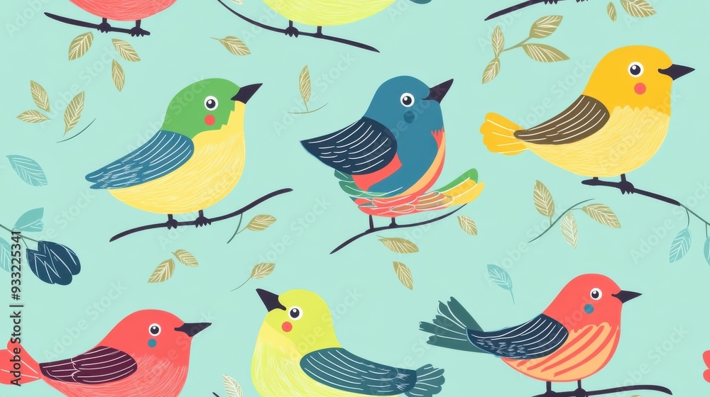 Fototapeta premium Colorful birds perched on branches against a vibrant background, perfect for nature lovers and artistic designs.