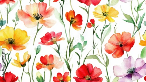 Vibrant watercolor flowers in various colors on a white background, perfect for backgrounds, prints, and decor.