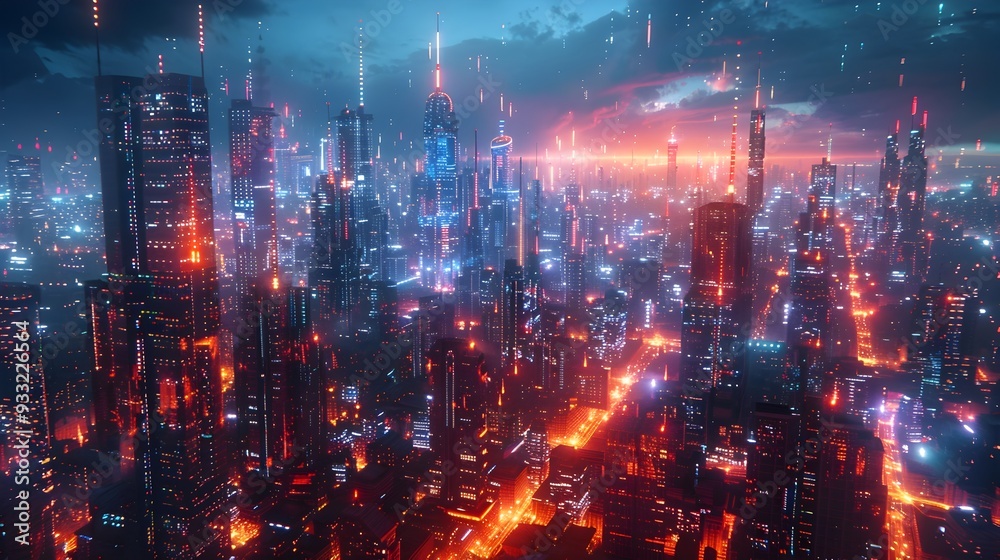 Obraz premium Captivating Digital Art of a Futuristic Neon Lit Metropolis with Advanced Technology and Bustling Streets