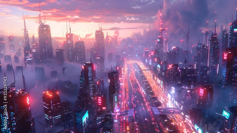Futuristic Metropolis with Towering Skyscrapers and Advanced Vehicles in Vibrant Night Atmosphere Futuristic Metropolis with Towering Skyscrapers and Advanced Vehicles in Vibrant Night Atmosphere