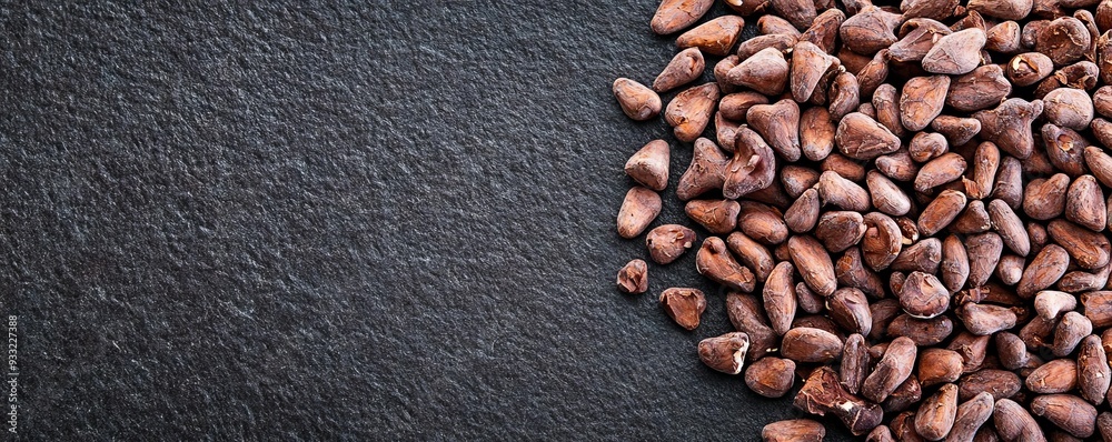 Close-up of raw cacao nibs on a dark background with rich colors, cacao superfood, natural mood booster Close-up of raw cacao nibs on a dark background with rich colors, cacao superfood, natural mood booster