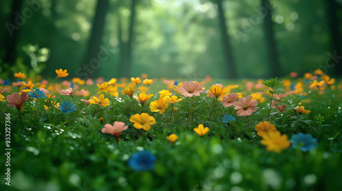 flowers in the park, A close-up of colorful wildflowers growing on the forest floor, surrounded by the greenery of the underbrush  