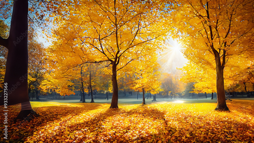 Fototapeta premium A captivating autumn landscape featuring yellow trees and sunlight.